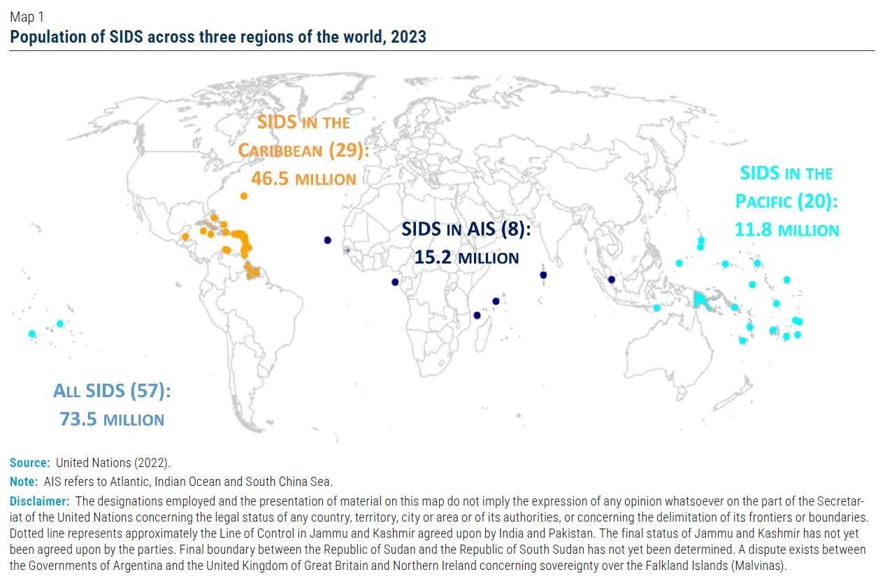 Map 1 Population of SIDS across three regions of the world, 2023