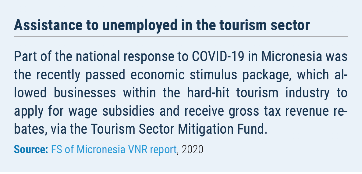 Assistance to unemployed in the tourism sector Part of the national response to COVID-19 in Micronesia was the recently passed economic stimulus package, which allowed businesses within the hard-hit tourism industry to apply for wage subsidies and receive gross tax revenue rebates, via the Tourism Sector Mitigation Fund.