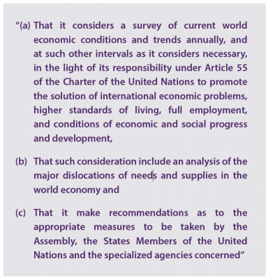 “(a) That it considers a survey of current world economic conditions and trends annually, and at such other intervals as it considers necessary, in the light of its responsibility under Article 55 of the Charter of the United Nations to promote the solution of international economic problems, higher standards of living, full employment, and conditions of economic and social progress and development, (b) That such consideration include an analysis of the major dislocations of needs and supplies in the world economy and (c) That it make recommendations as to the appropriate measures to be taken by the Assembly, the States Members of the United Nations and the specialized agencies concerned”